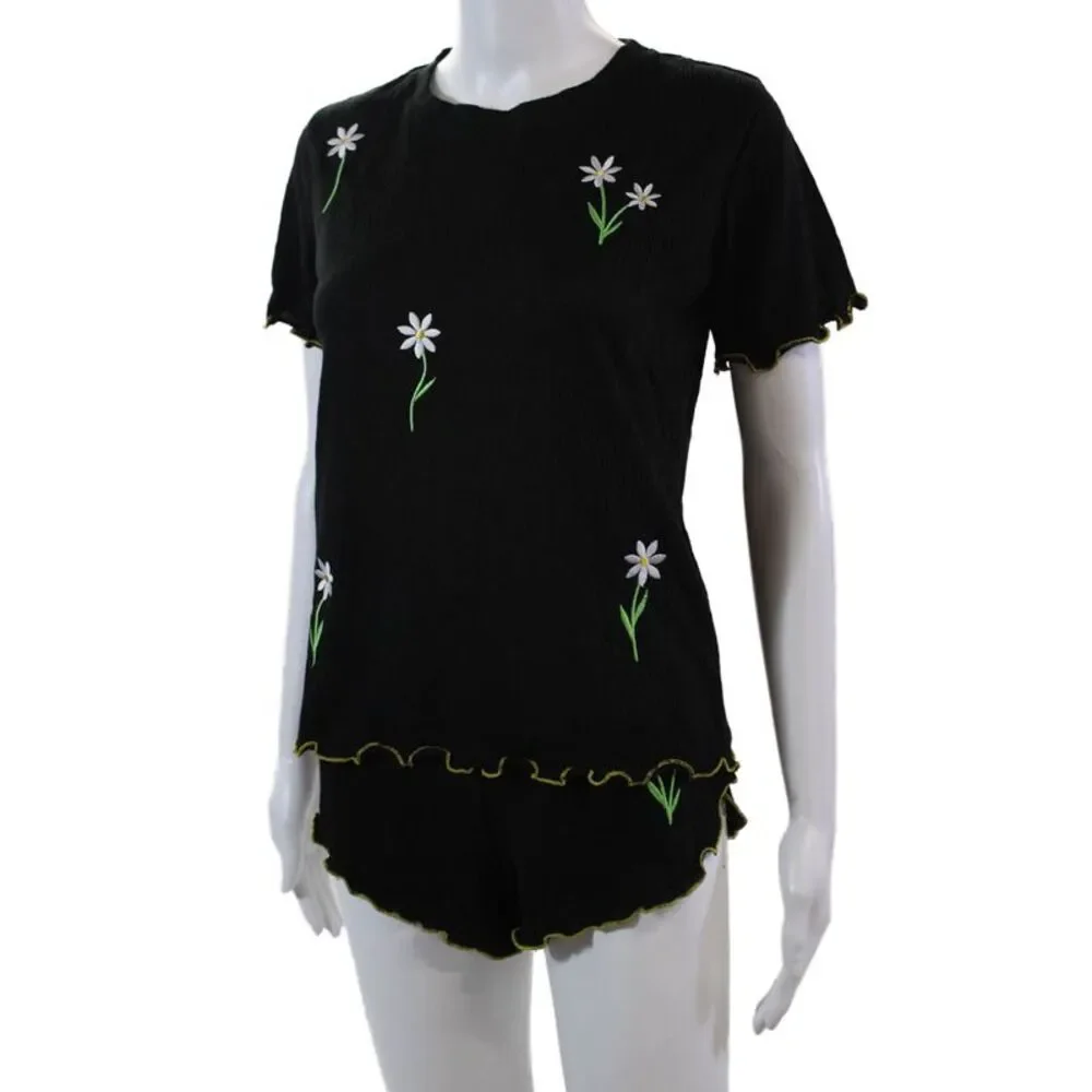 Emerson Road Womens Floral Embroidered Sleepwear Top + Short Set Black Size XS